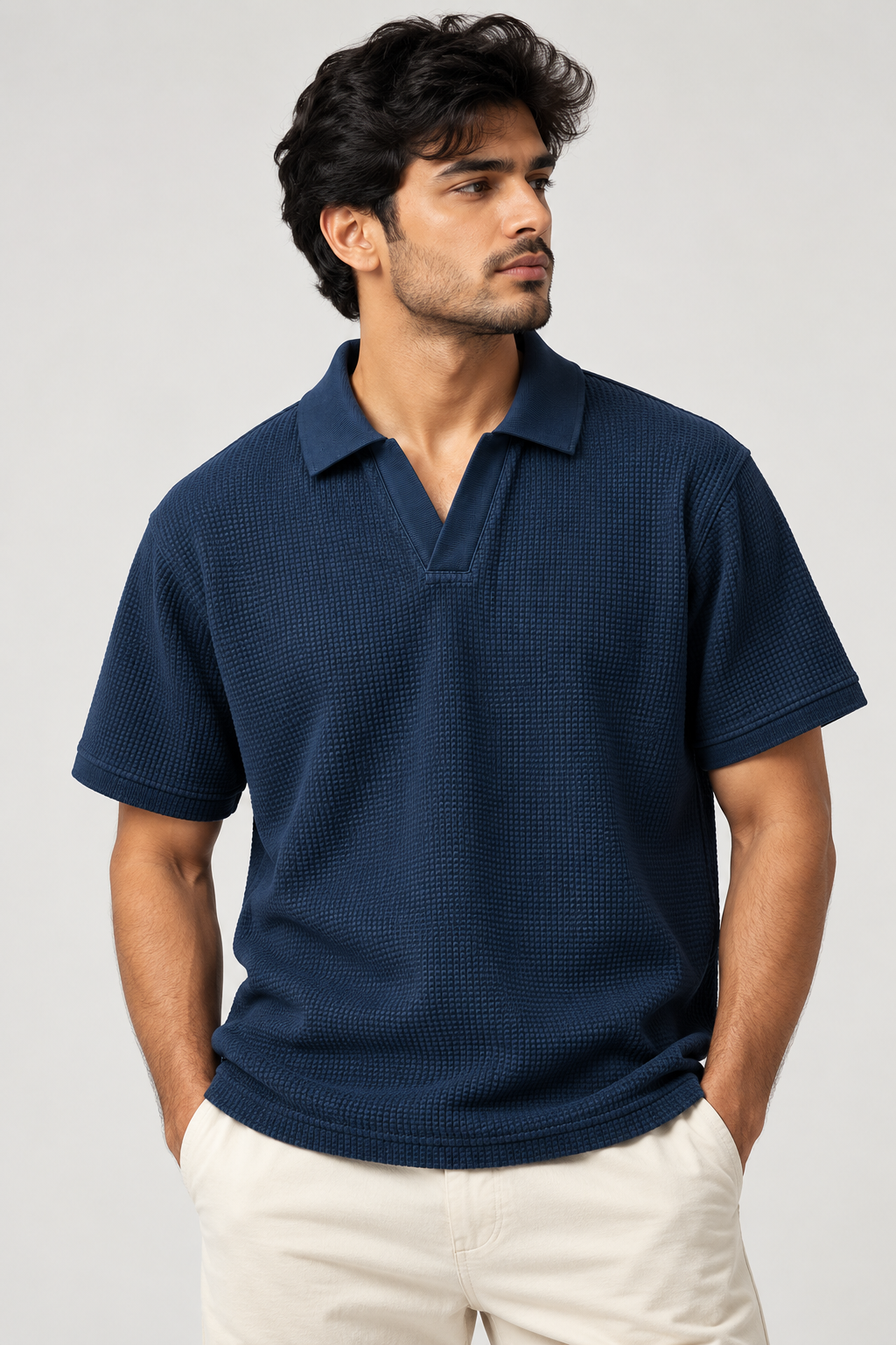 Navy Blue Mini Waffle Knit Polo