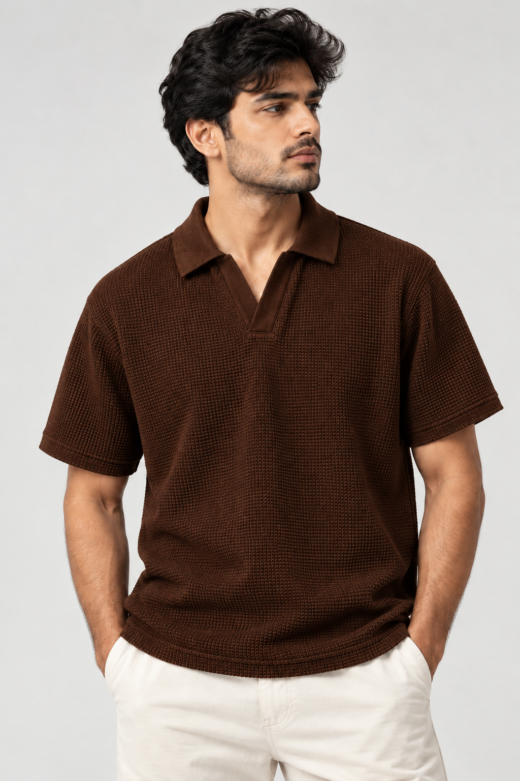 Chocolate Mini Waffle Knit Polo