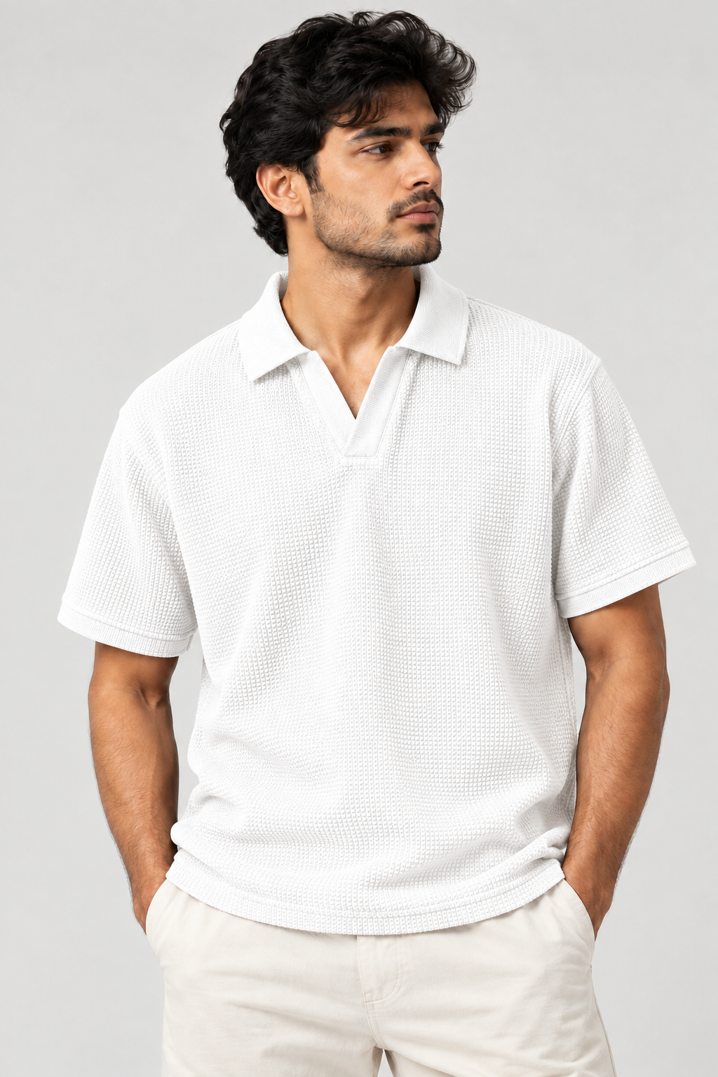 White Mini Waffle Knit Polo