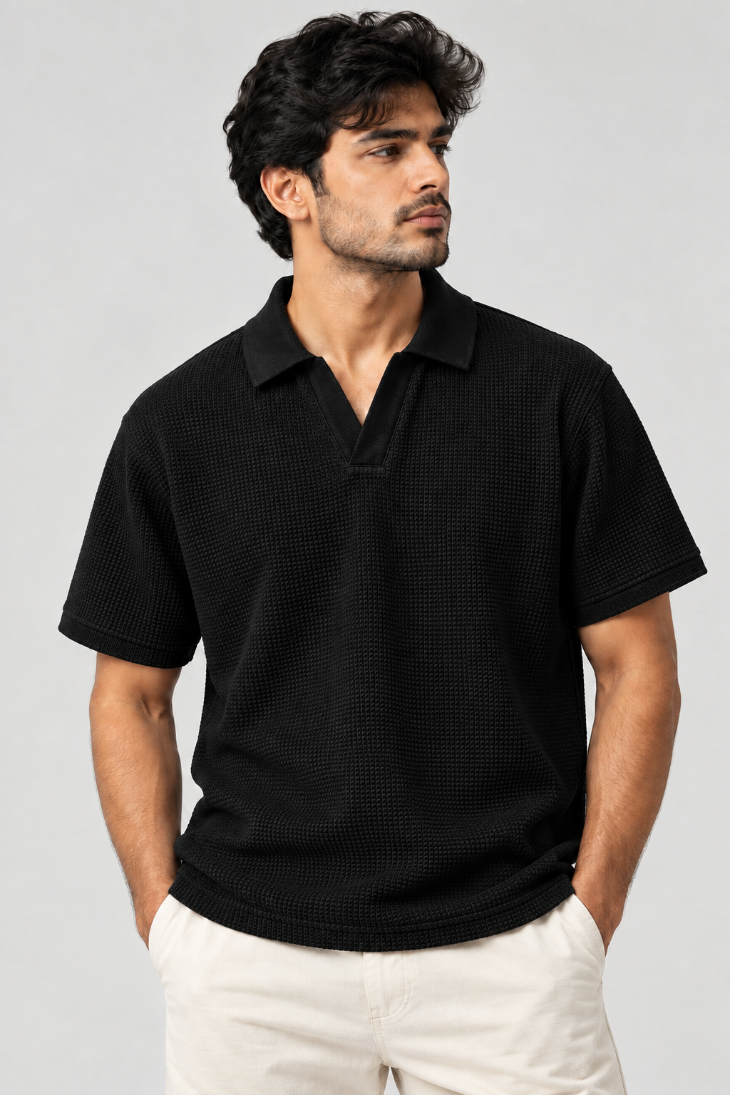 Black Mini Waffle Knit Polo