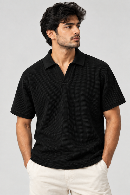 Black Mini Waffle Knit Polo