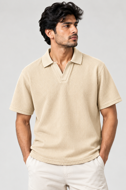 Beige Mini Waffle Knit Polo