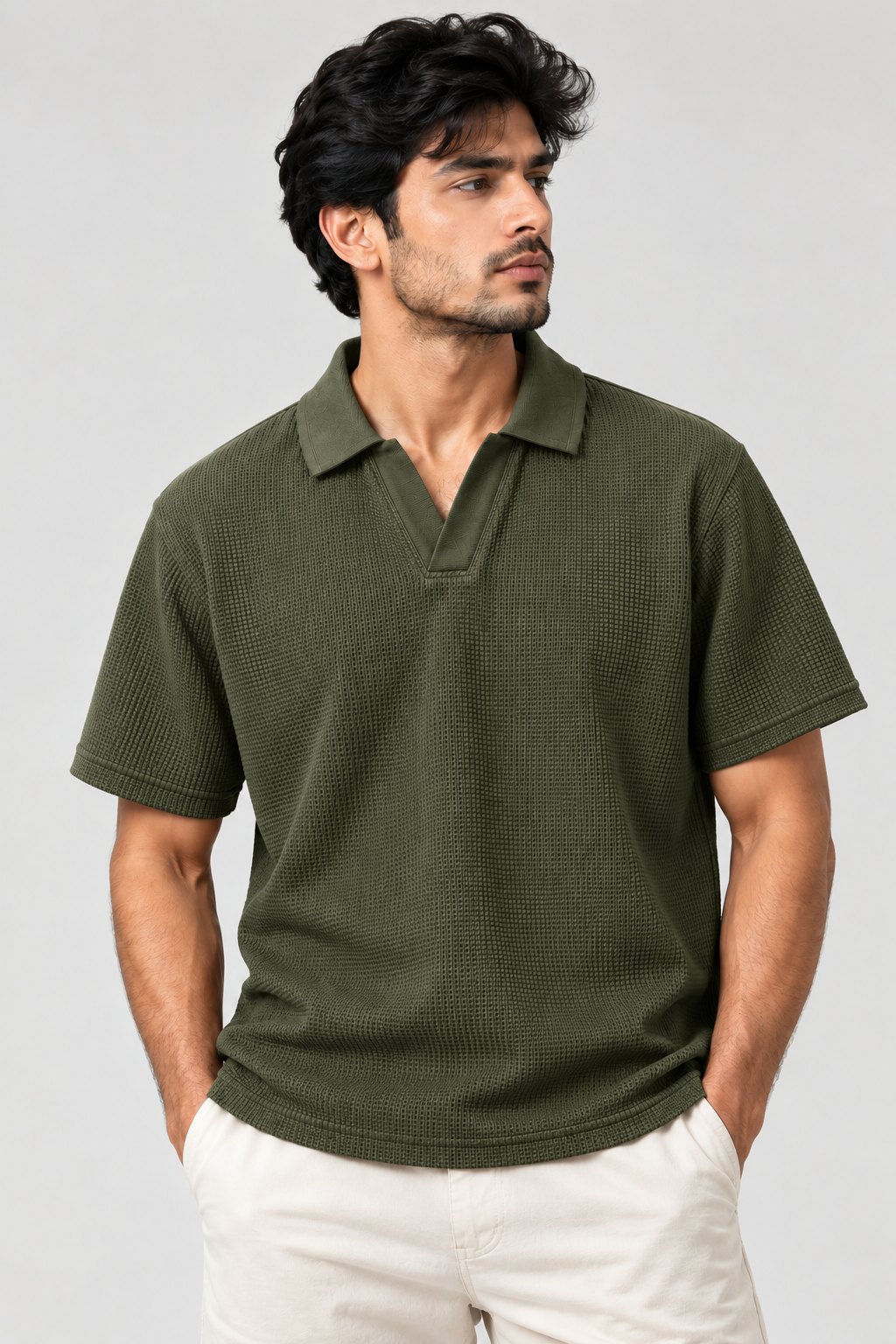 Olive Green Mini Waffle Knit Polo