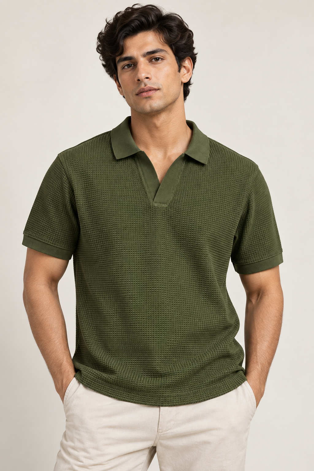 Olive Green Mini Waffle Knit Polo