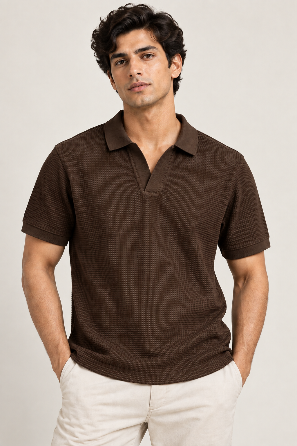 Chocolate Mini Waffle Knit Polo