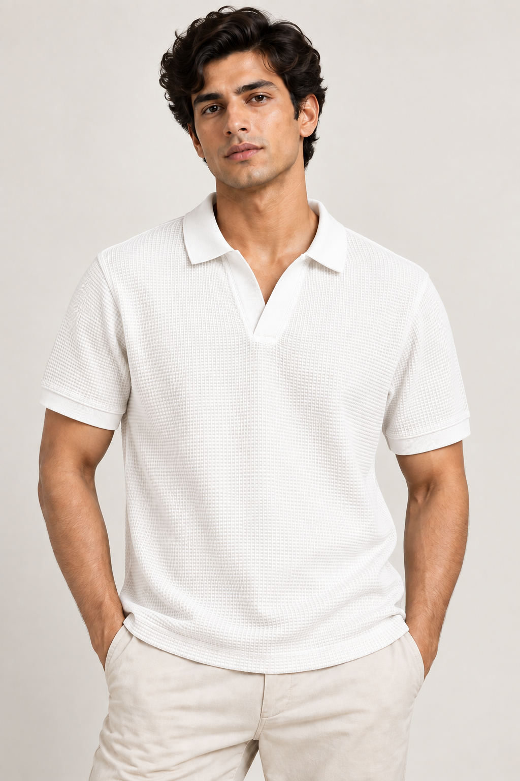 White Mini Waffle Knit Polo