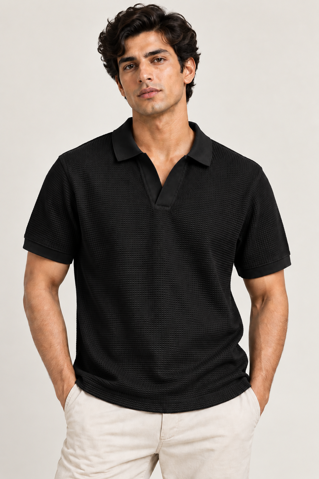 Black Mini Waffle Knit Polo