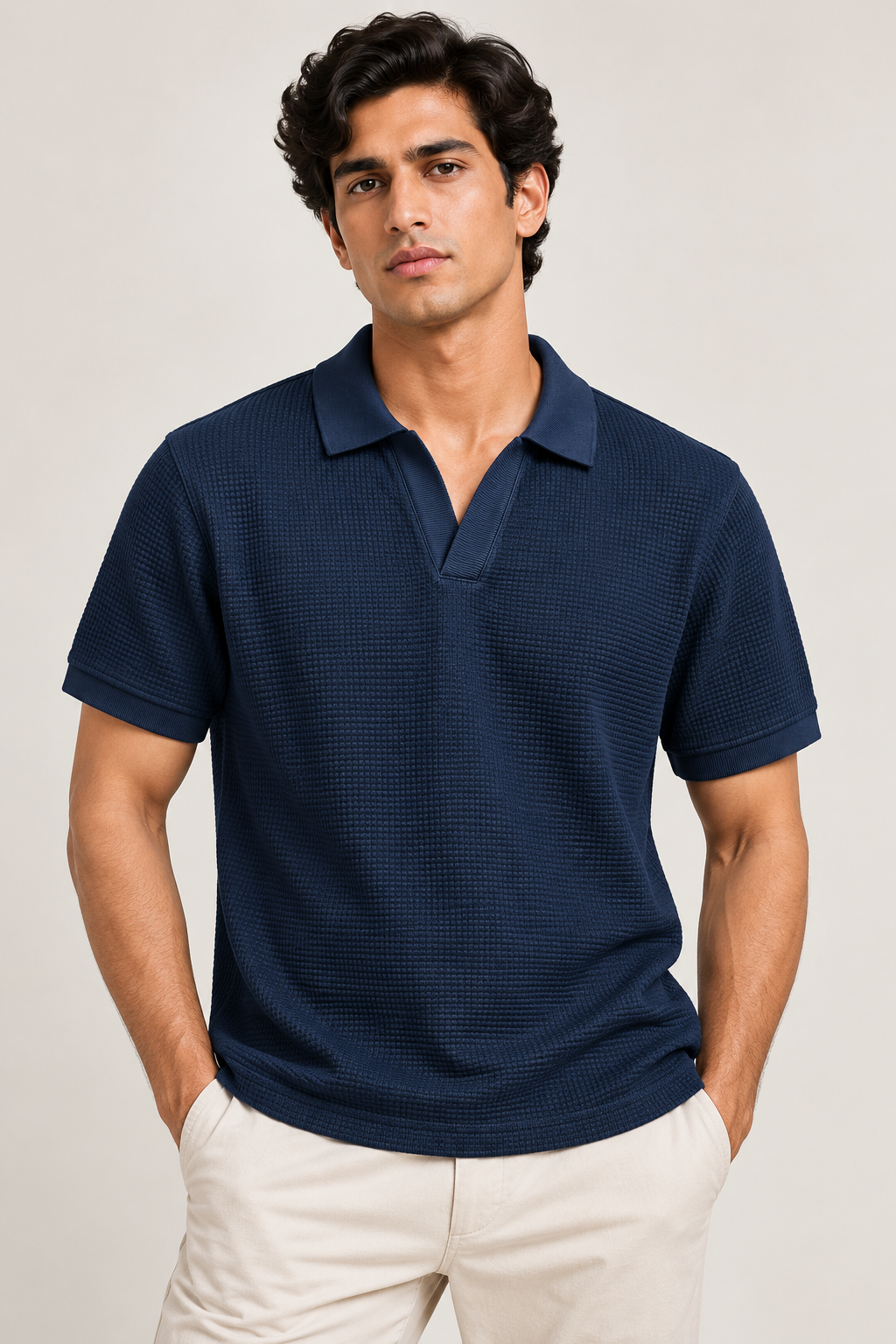 Navy Blue Mini Waffle Knit Polo